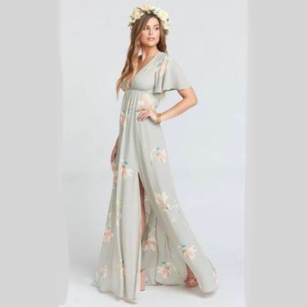 Show Me Your Mumu Faye Flutter Floral Maxi Dress in Grey and Pink V Neck S
